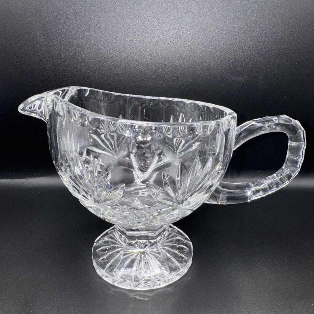 Cut Glass Gravy Boat Pedestal Base Clear Starburst Pattern Serving Dish